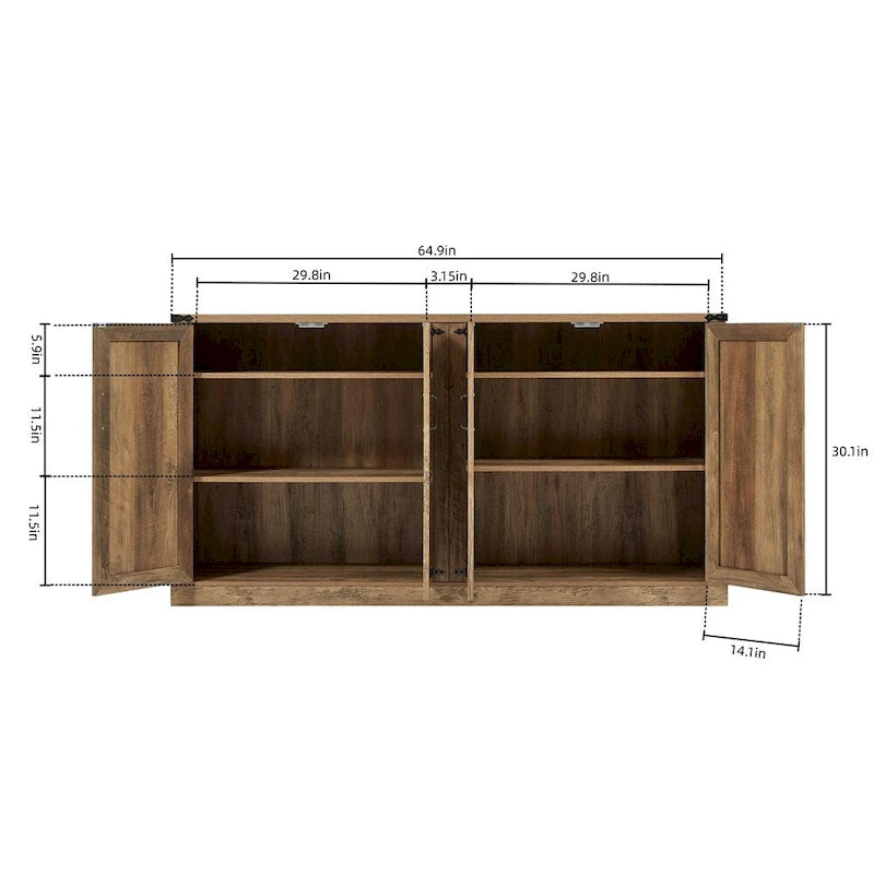 Buffet rustique en similicuir tressé de 65 pouces avec portes de grange
