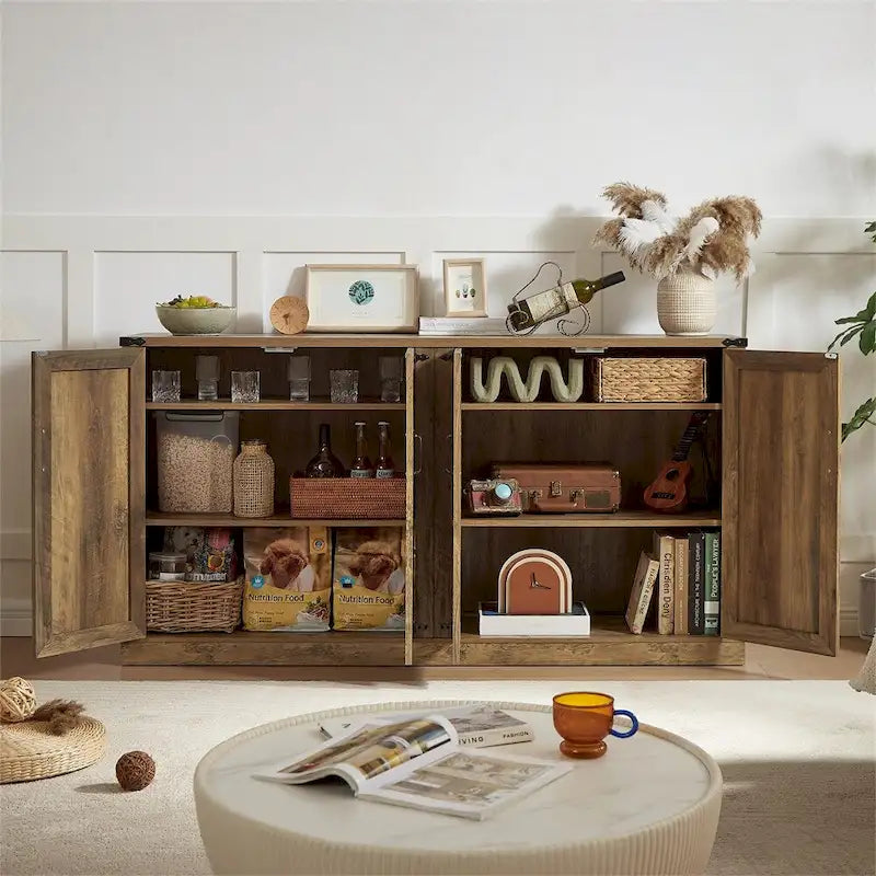 Buffet rustique en similicuir tressé de 65 pouces avec portes de grange