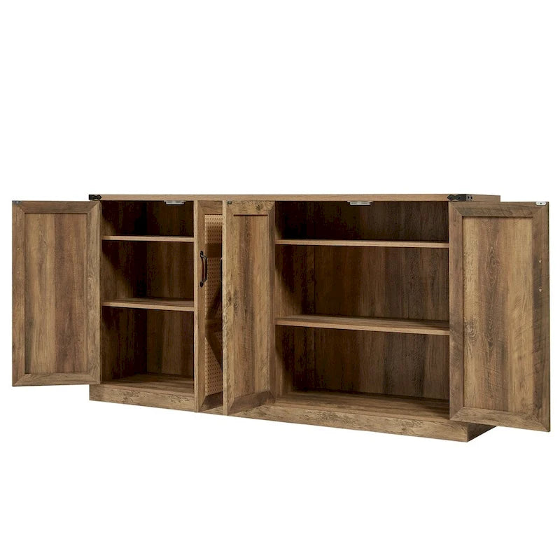 Buffet rustique en similicuir tressé de 65 pouces avec portes de grange