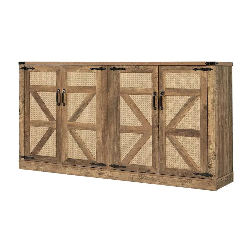 Buffet rustique en similicuir tressé de 65 pouces avec portes de grange