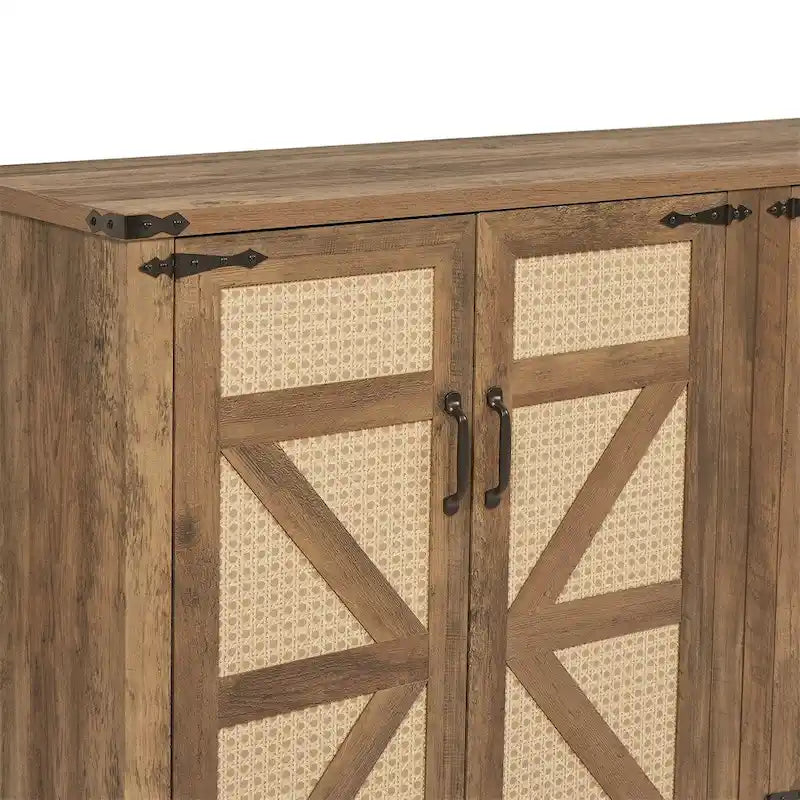 Buffet rustique en similicuir tressé de 65 pouces avec portes de grange