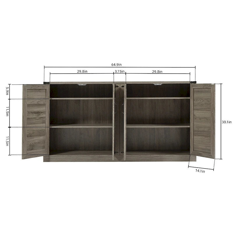 Buffet rustique en similicuir tressé de 65 pouces avec portes de grange