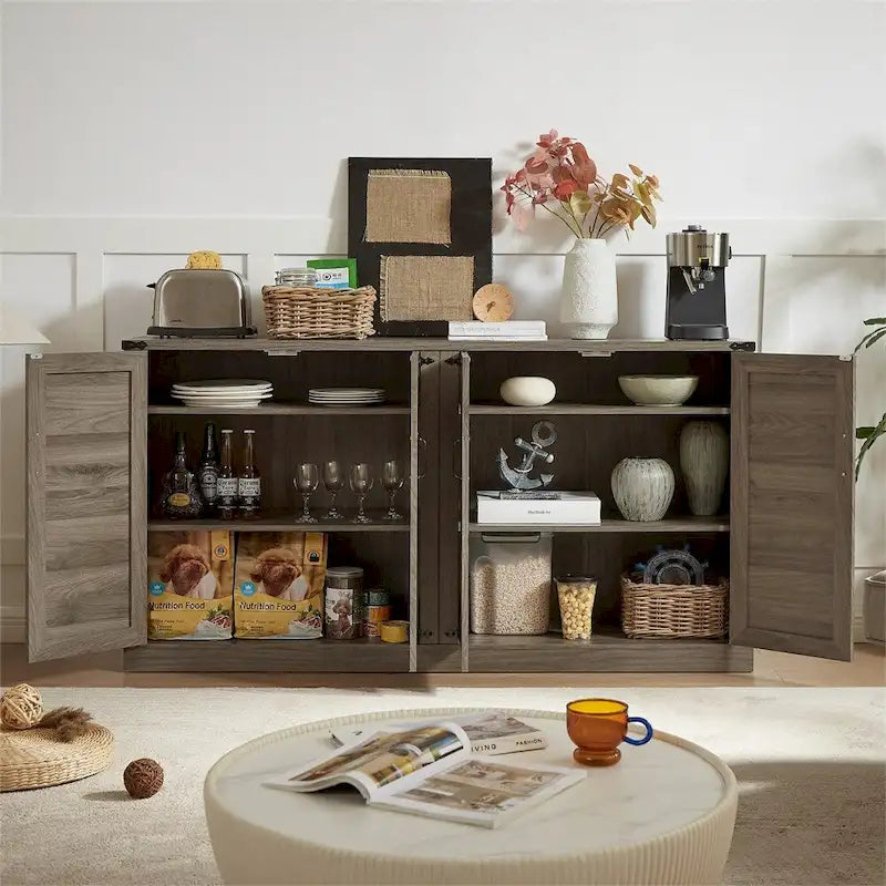 Buffet rustique en similicuir tressé de 65 pouces avec portes de grange