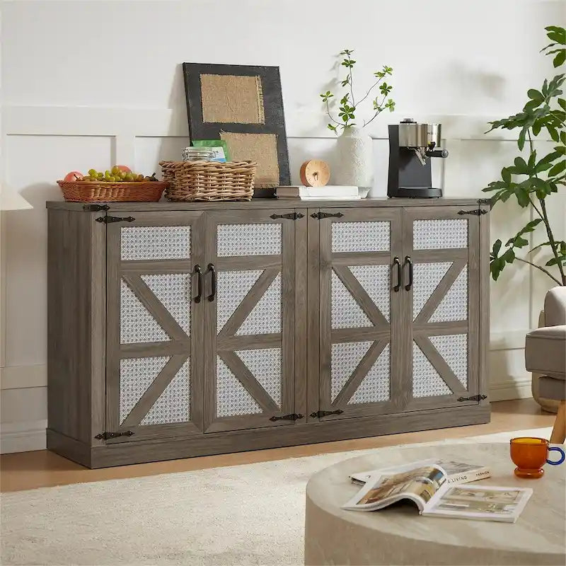 Buffet rustique en similicuir tressé de 65 pouces avec portes de grange