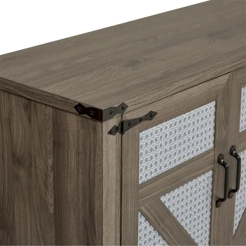 Buffet rustique en similicuir tressé de 65 pouces avec portes de grange