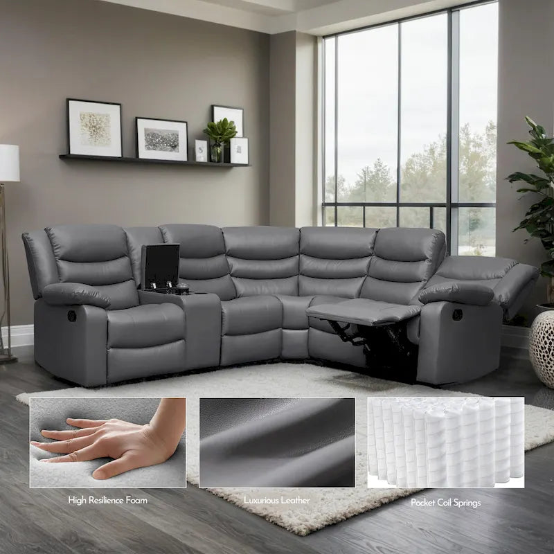 Canapé d'angle modulable inclinable manuel 106 pouces avec 1 console et 2 porte-gobelets, pour salon/bureau
