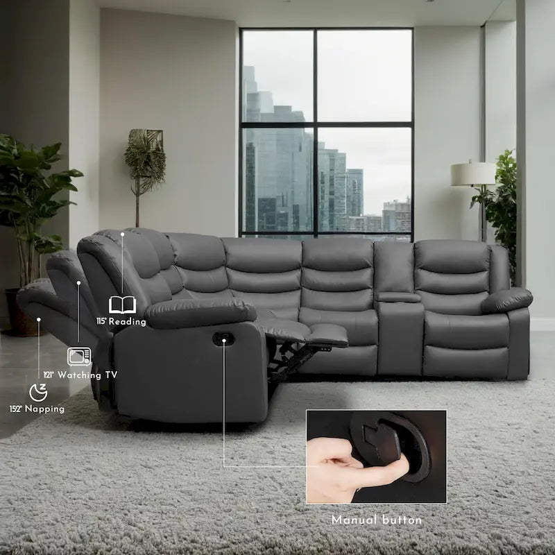 Canapé d'angle modulable inclinable manuel 106 pouces avec 1 console et 2 porte-gobelets, pour salon/bureau