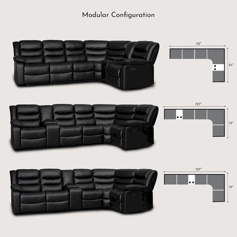 Canapé d'angle modulable inclinable manuel 106 pouces avec 1 console et 2 porte-gobelets, pour salon/bureau
