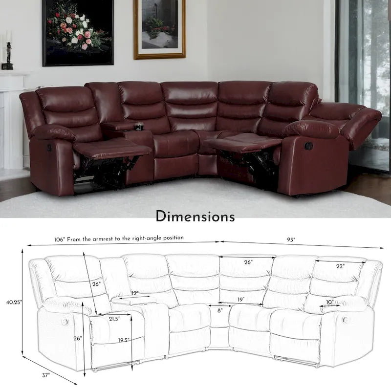 Canapé d'angle modulable inclinable manuel 106 pouces avec 1 console et 2 porte-gobelets, pour salon/bureau