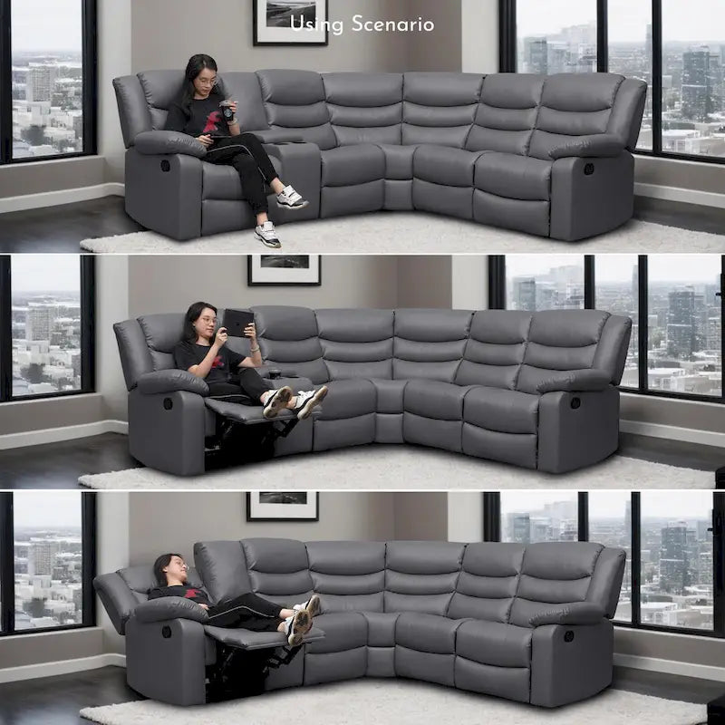 Canapé d'angle modulable inclinable manuel 106 pouces avec 1 console et 2 porte-gobelets, pour salon/bureau