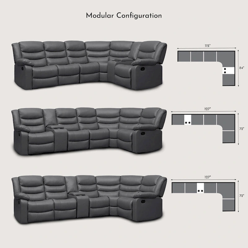Canapé d'angle modulable inclinable manuel 106 pouces avec 1 console et 2 porte-gobelets, pour salon/bureau