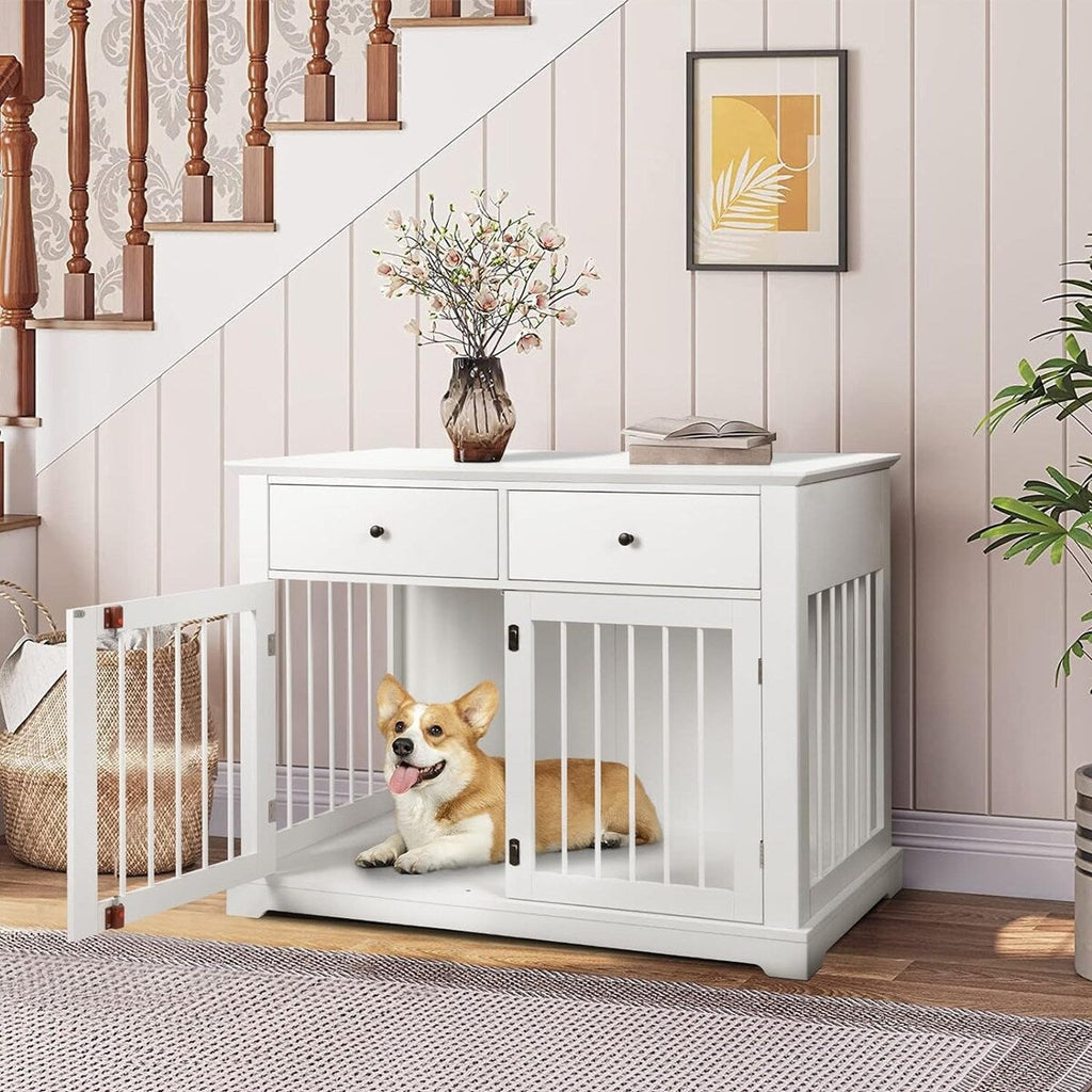 BOSSIN Cage pour Grand Chien de 112 cm, Meuble de Chenil en Bois avec Tiroirs de Rangement, Niche Décorative pour Animaux de Compagnie