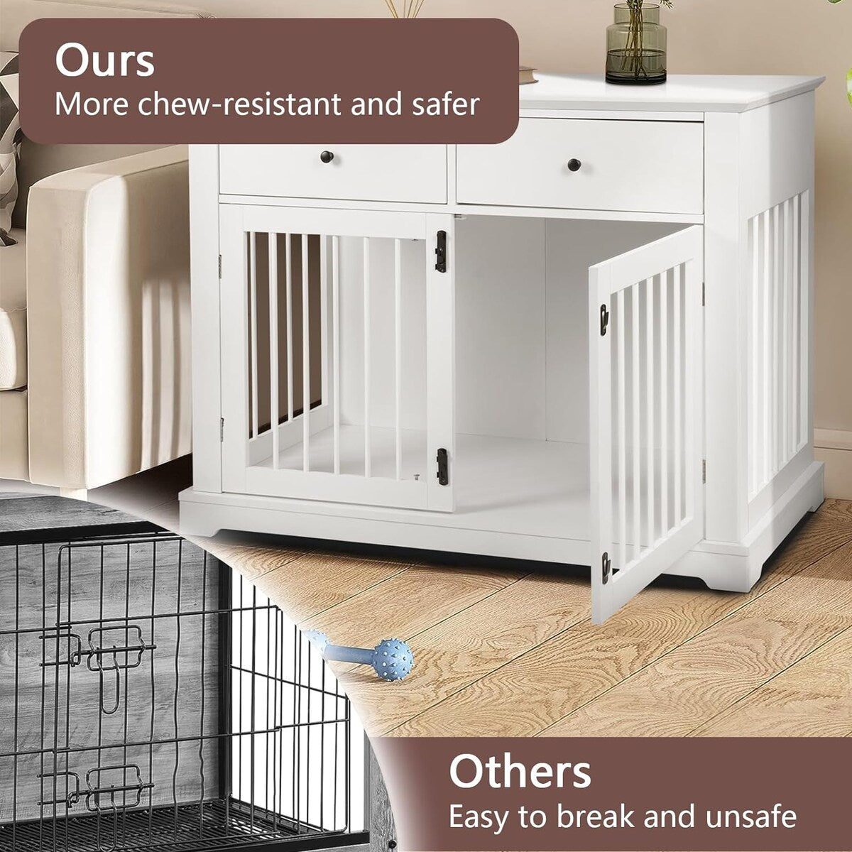 BOSSIN Cage pour Grand Chien de 112 cm, Meuble de Chenil en Bois avec Tiroirs de Rangement, Niche Décorative pour Animaux de Compagnie
