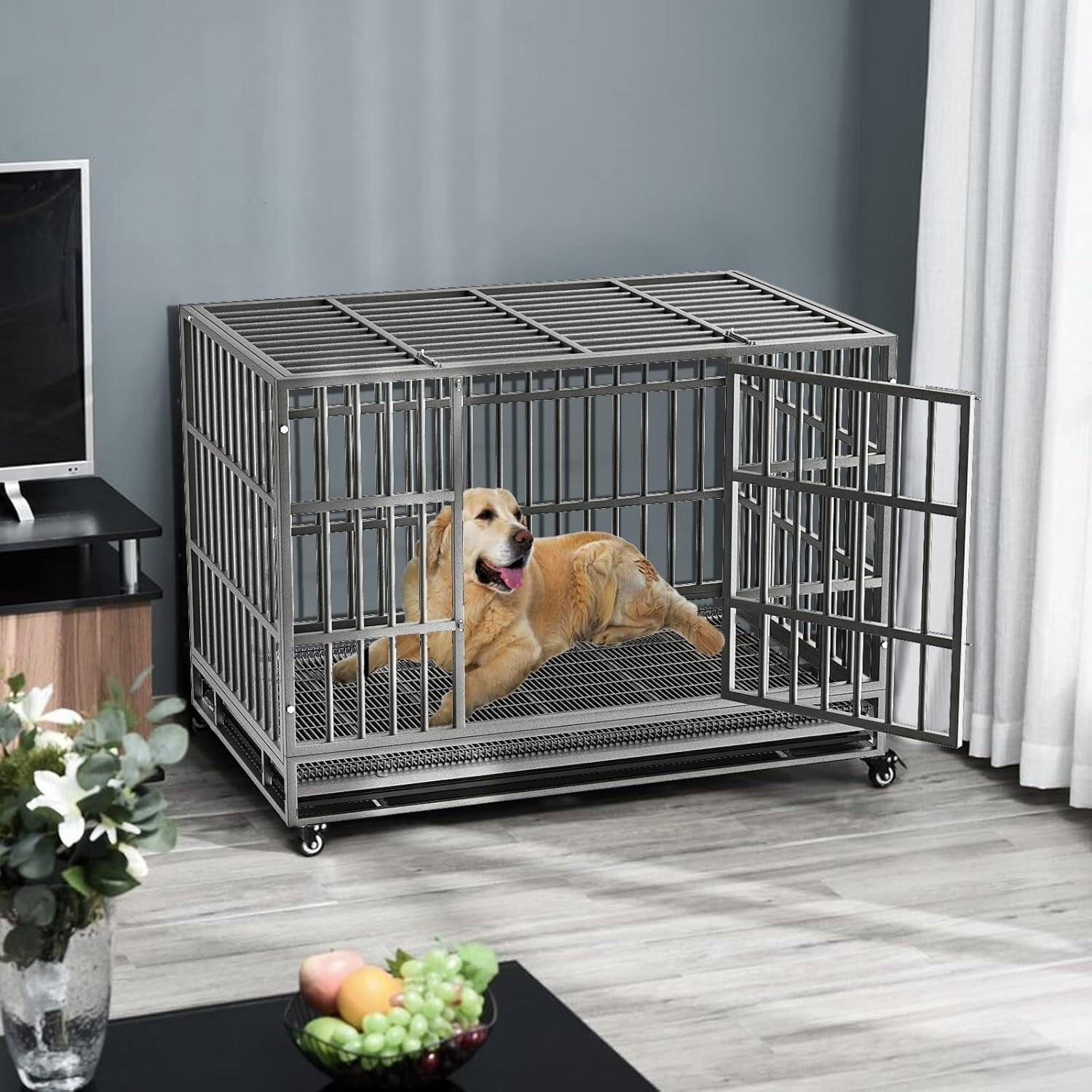 BOSSIN Cage pour Chien Robuste Indestructible 48/38 Pouces, Niche Anti-Évasion avec Roues Verrouillables