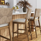 Tabouret de bar Beacon Bohemian Boucle, Chaise de comptoir rembourrée avec structure en bois massif et dossier en jonc de mer tressé