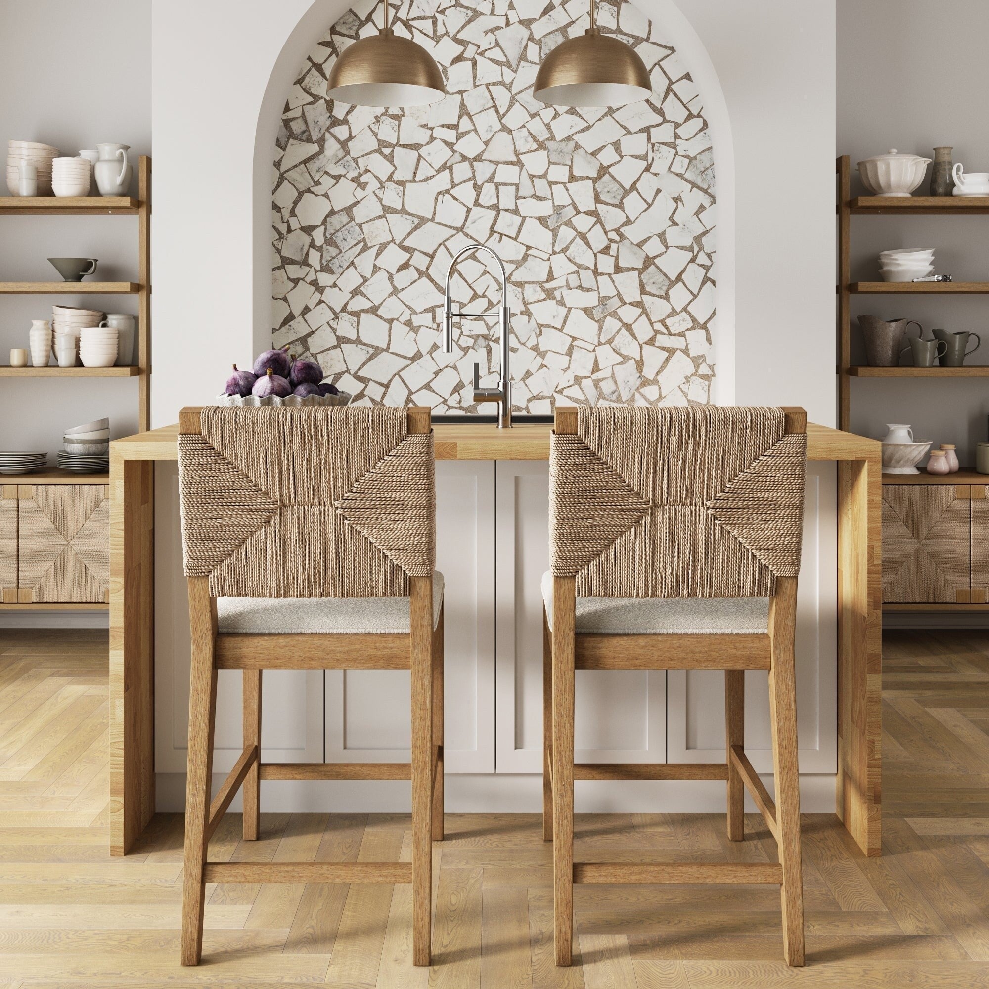 Tabouret de bar Beacon Bohemian Boucle, Chaise de comptoir rembourrée avec structure en bois massif et dossier en jonc de mer tressé