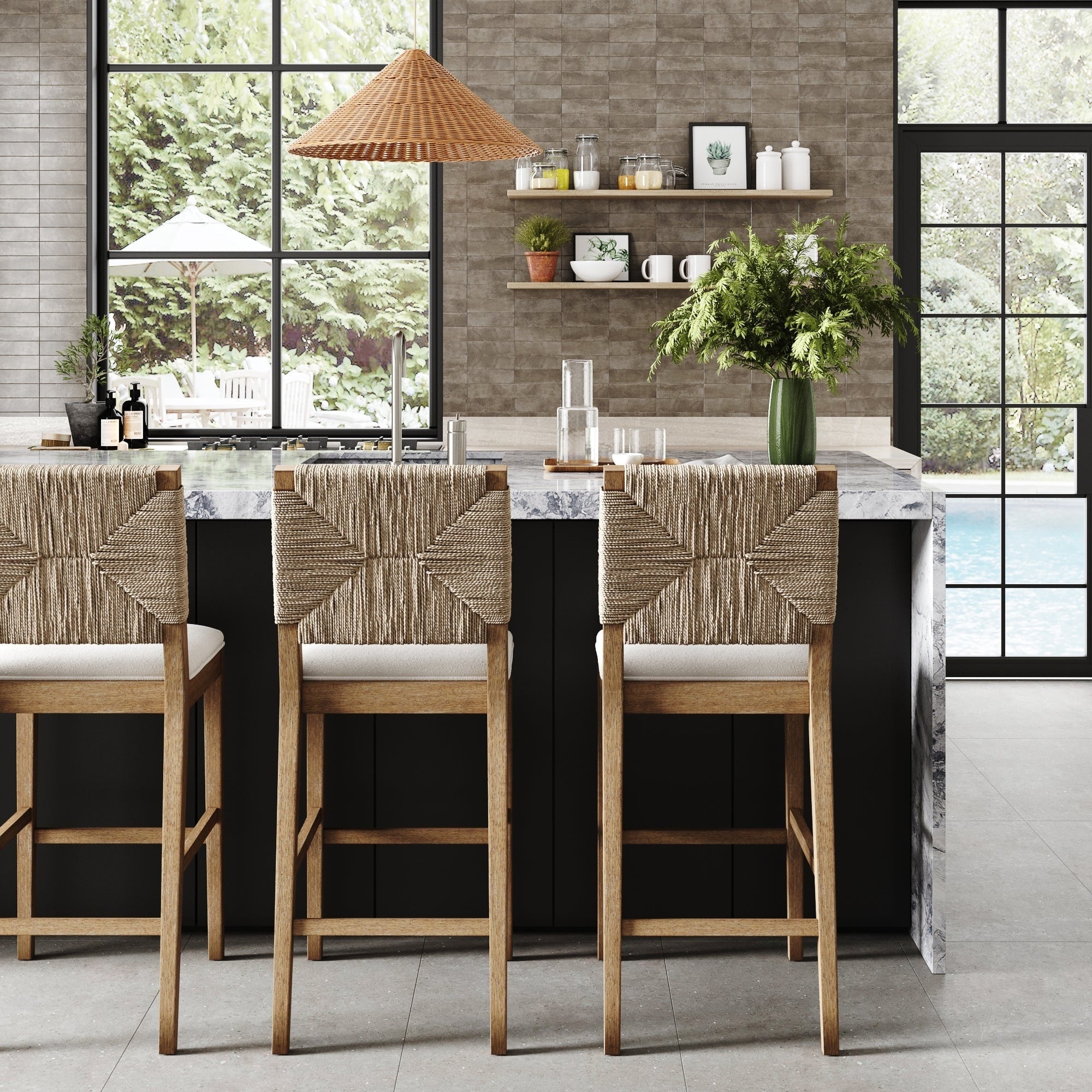 Tabouret de bar Beacon Bohemian Boucle, Chaise de comptoir rembourrée avec structure en bois massif et dossier en jonc de mer tressé