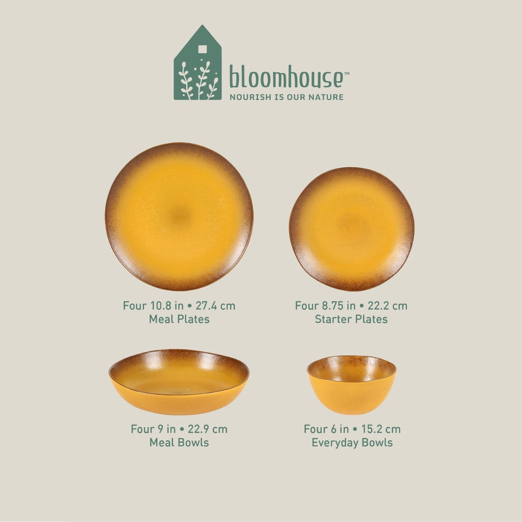 Ensemble de vaisselle Bloomhouse Palerme Soleil 16 pièces en grès à double bol avec glaçure réactive (assiettes et bols)