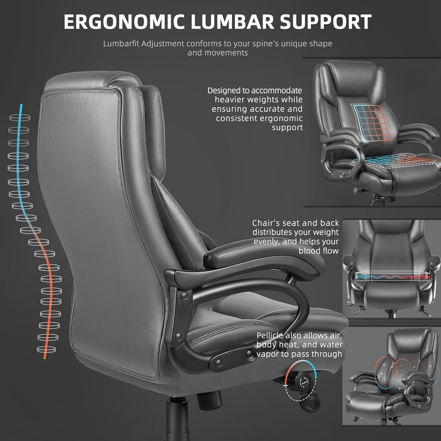 Chaise de bureau de direction Bossin grande taille et forte, 500 lb, avec support lombaire réglable, chaise ergonomique en cuir PU à dossier haut pour ordinateur