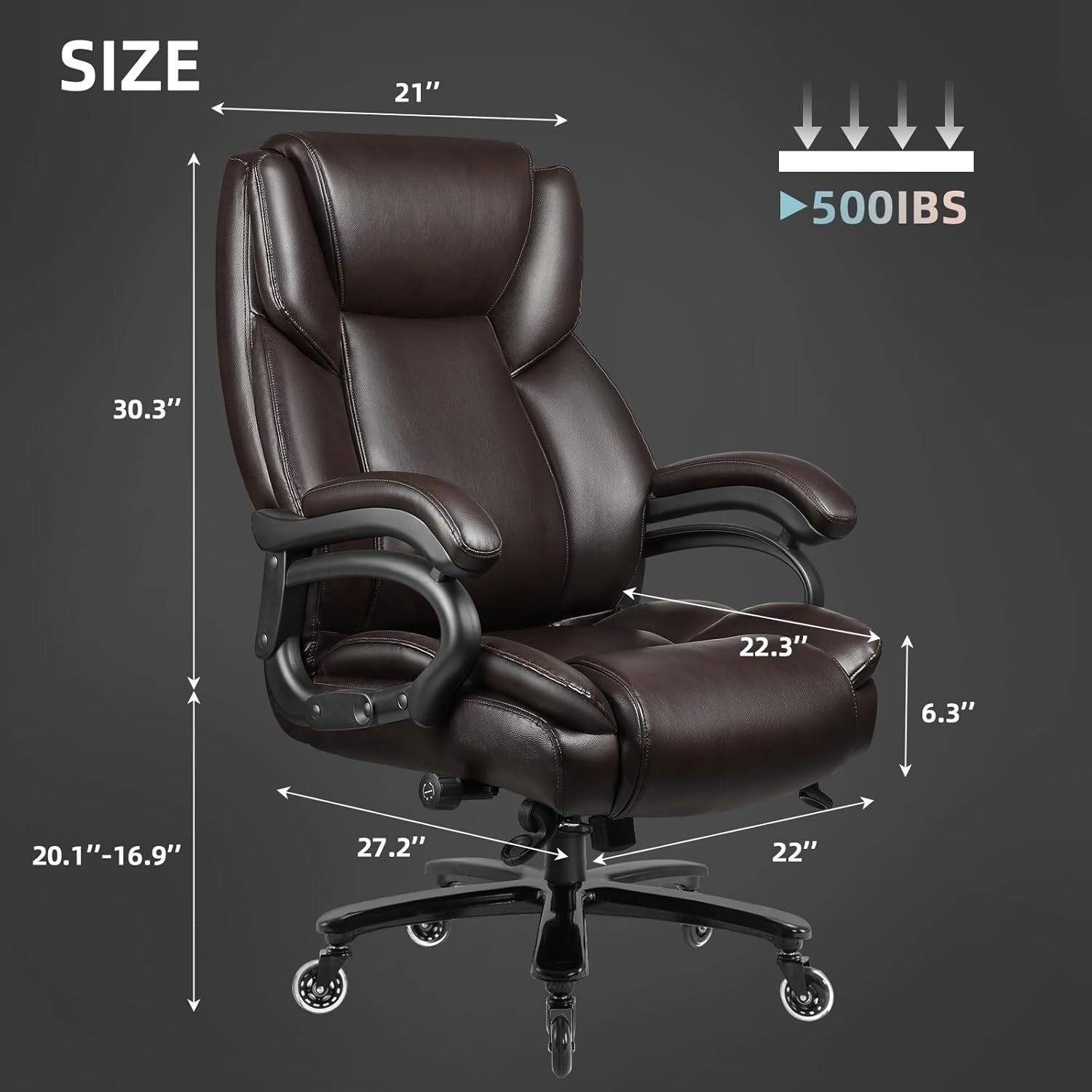 Chaise de bureau de direction Bossin grande taille et forte, 500 lb, avec support lombaire réglable, chaise ergonomique en cuir PU à dossier haut pour ordinateur