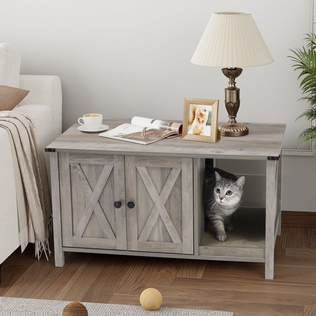 Meuble Cache Litière pour Chat, Meuble de Toilette pour Chat en Bois Dissimulé avec Poteau à Griffer