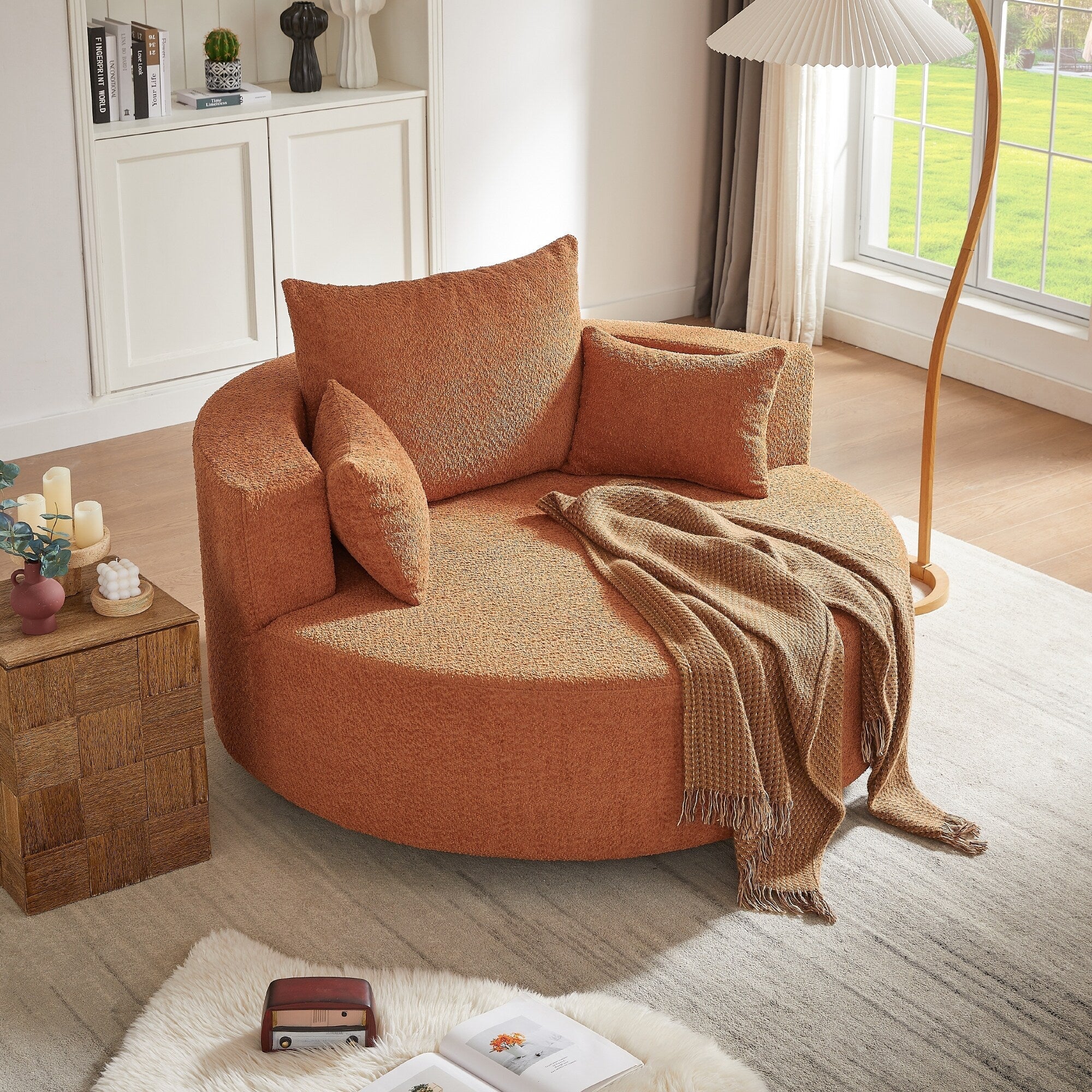 Fauteuil baril accent en chenille, Fauteuil de salon, Fauteuil rond avec base pivotante à 360 degrés et 3 coussins amovibles