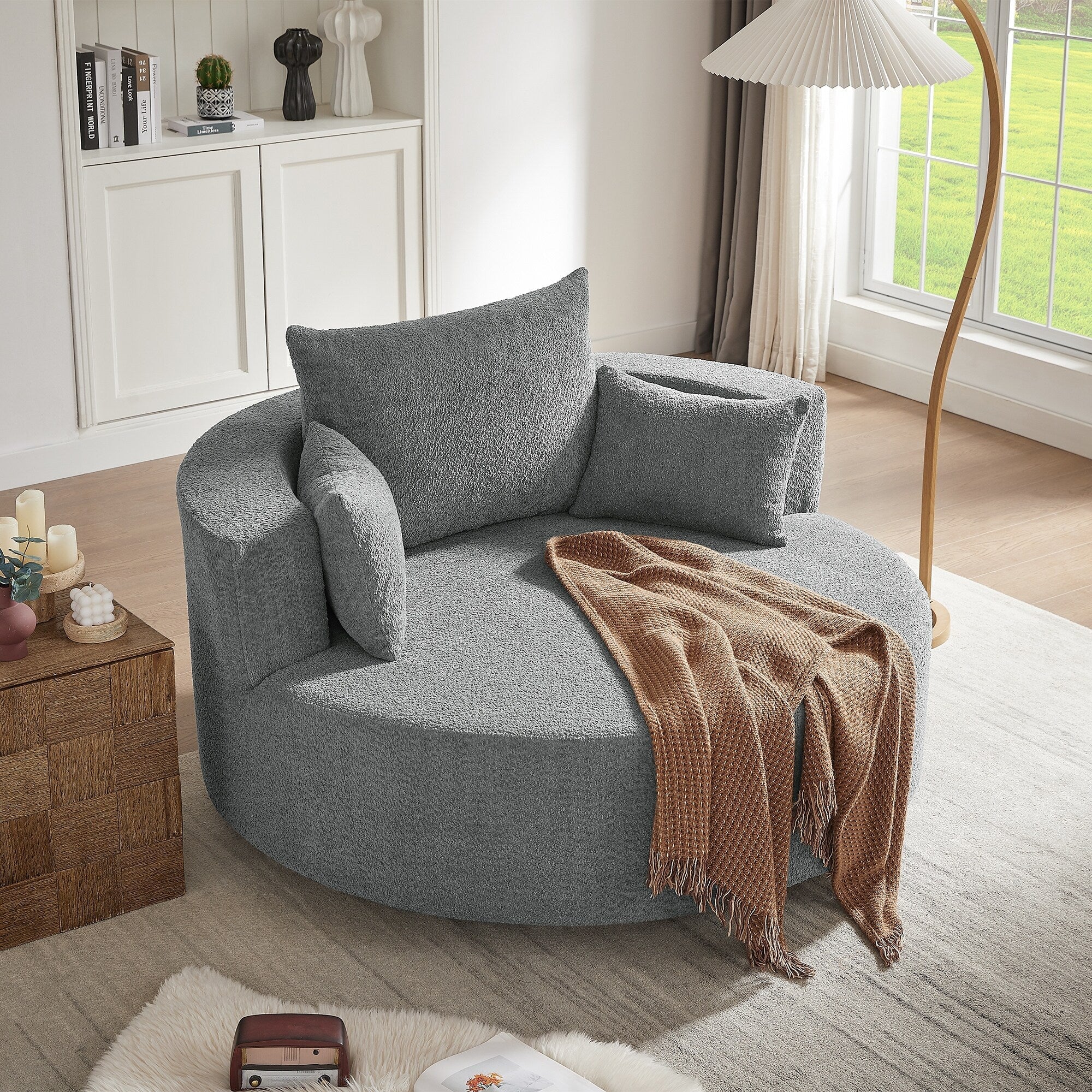 Fauteuil baril accent en chenille, Fauteuil de salon, Fauteuil rond avec base pivotante à 360 degrés et 3 coussins amovibles