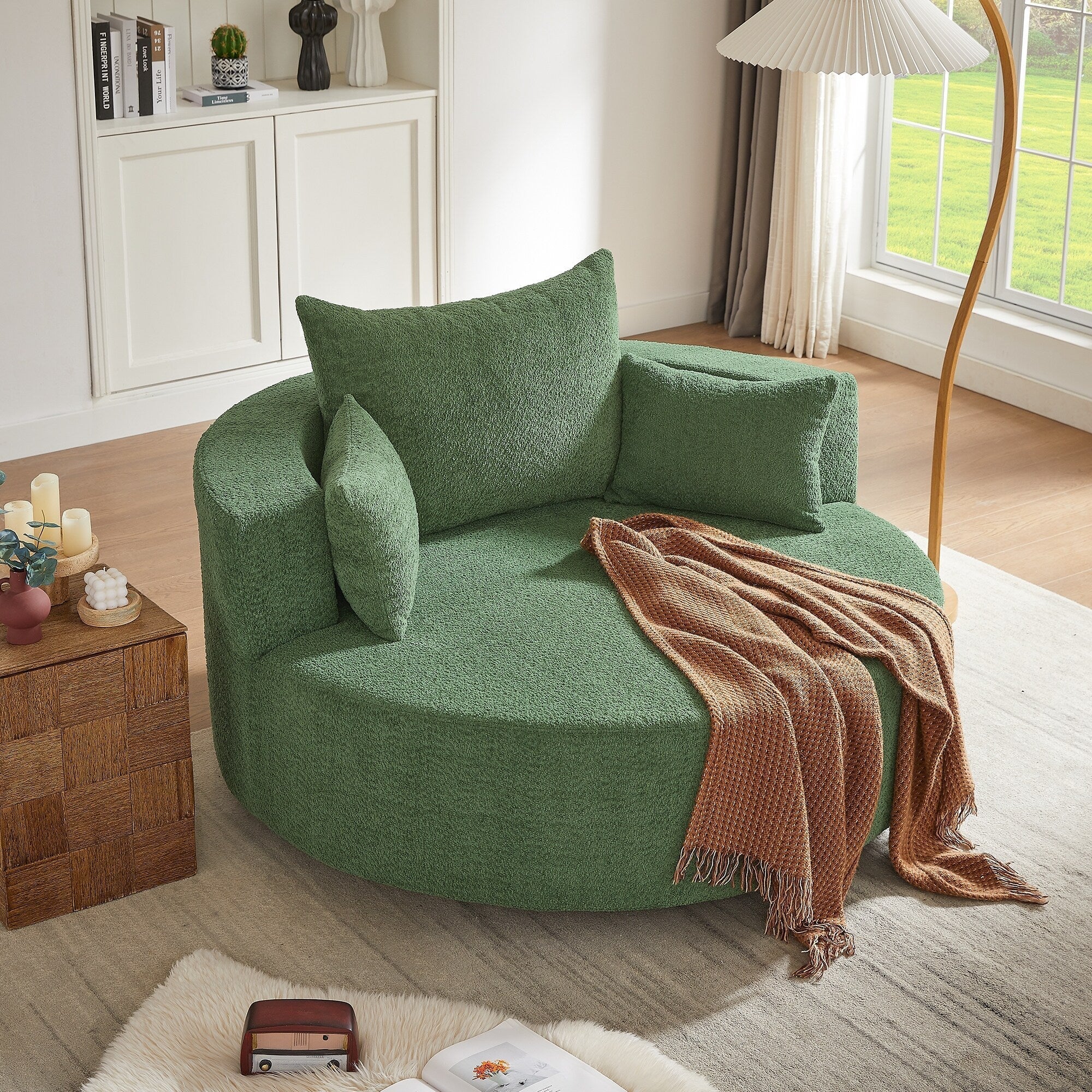Fauteuil baril accent en chenille, Fauteuil de salon, Fauteuil rond avec base pivotante à 360 degrés et 3 coussins amovibles