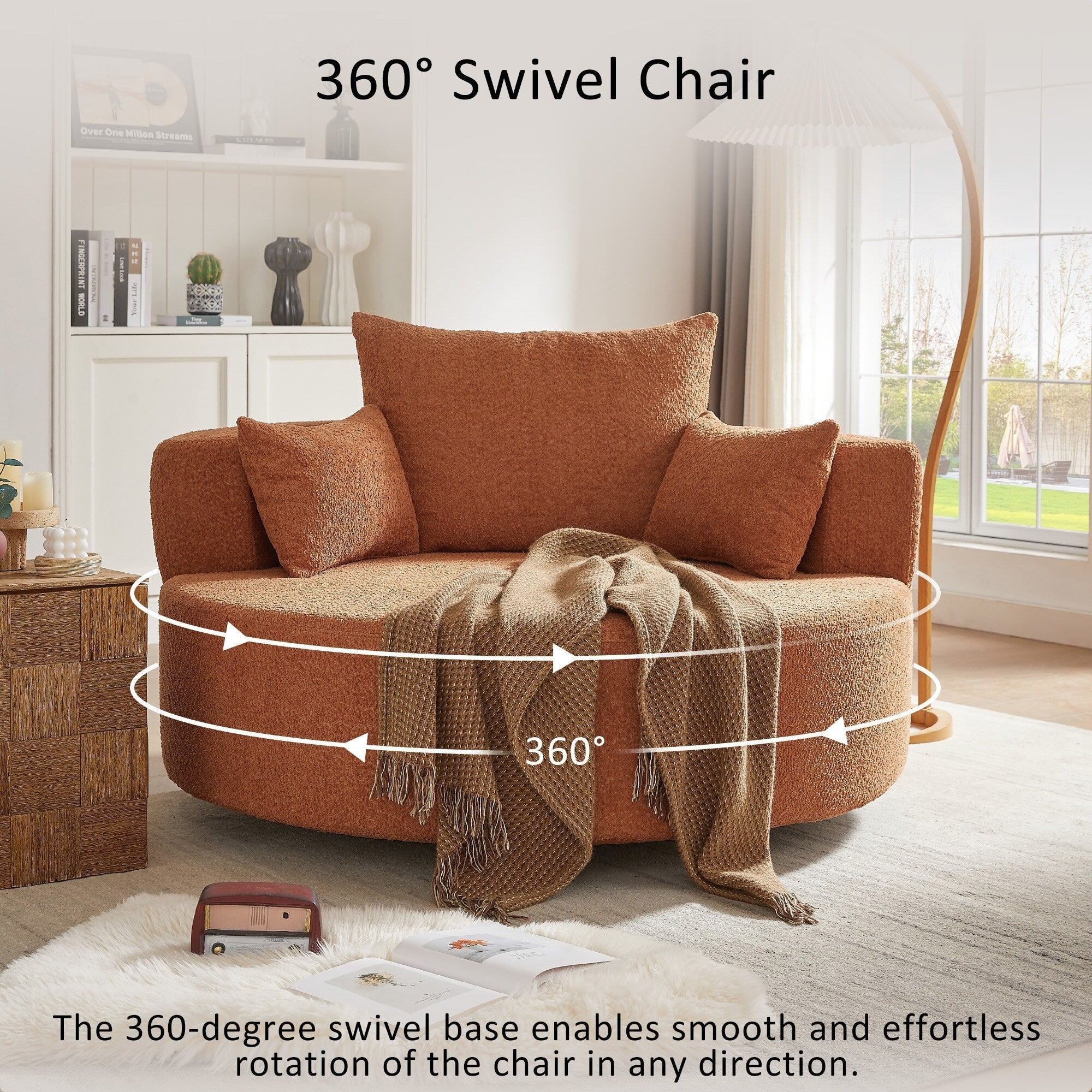 Fauteuil baril accent en chenille, Fauteuil de salon, Fauteuil rond avec base pivotante à 360 degrés et 3 coussins amovibles
