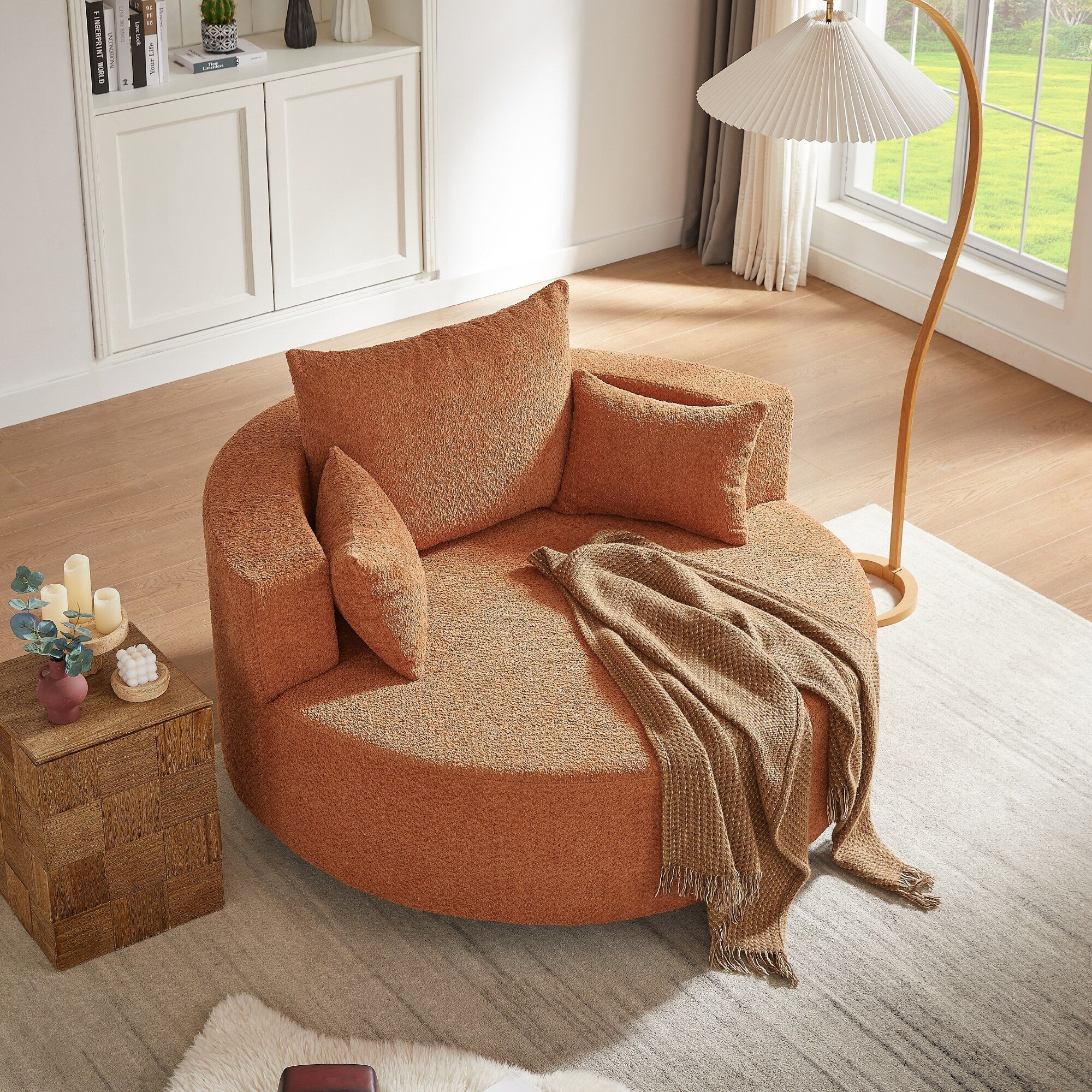 Fauteuil baril accent en chenille, Fauteuil de salon, Fauteuil rond avec base pivotante à 360 degrés et 3 coussins amovibles