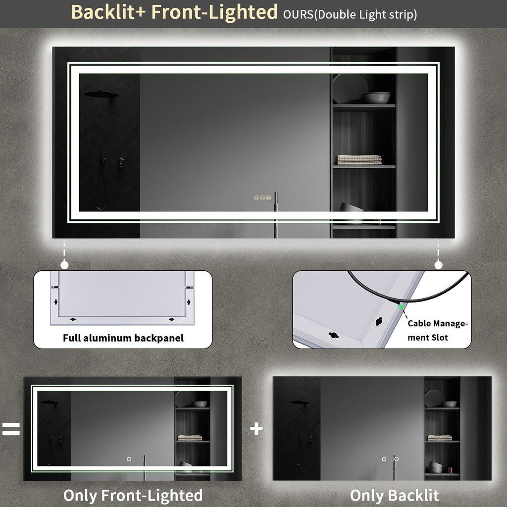 Miroir de Salle de Bain LED Extra Large Mural Anti-Buée Maquillage 3 Couleurs