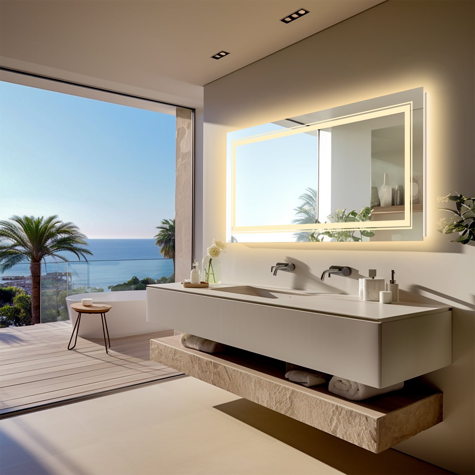 Miroir de Salle de Bain LED Extra Large Mural Anti-Buée Maquillage 3 Couleurs