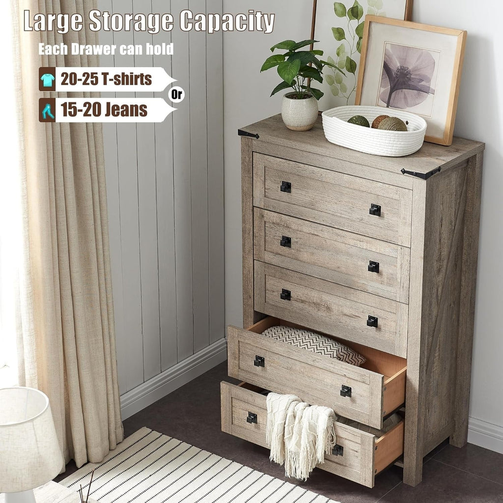 Commode en bois de style campagnard, 5 tiroirs, 122 cm de hauteur, pour chambre à coucher