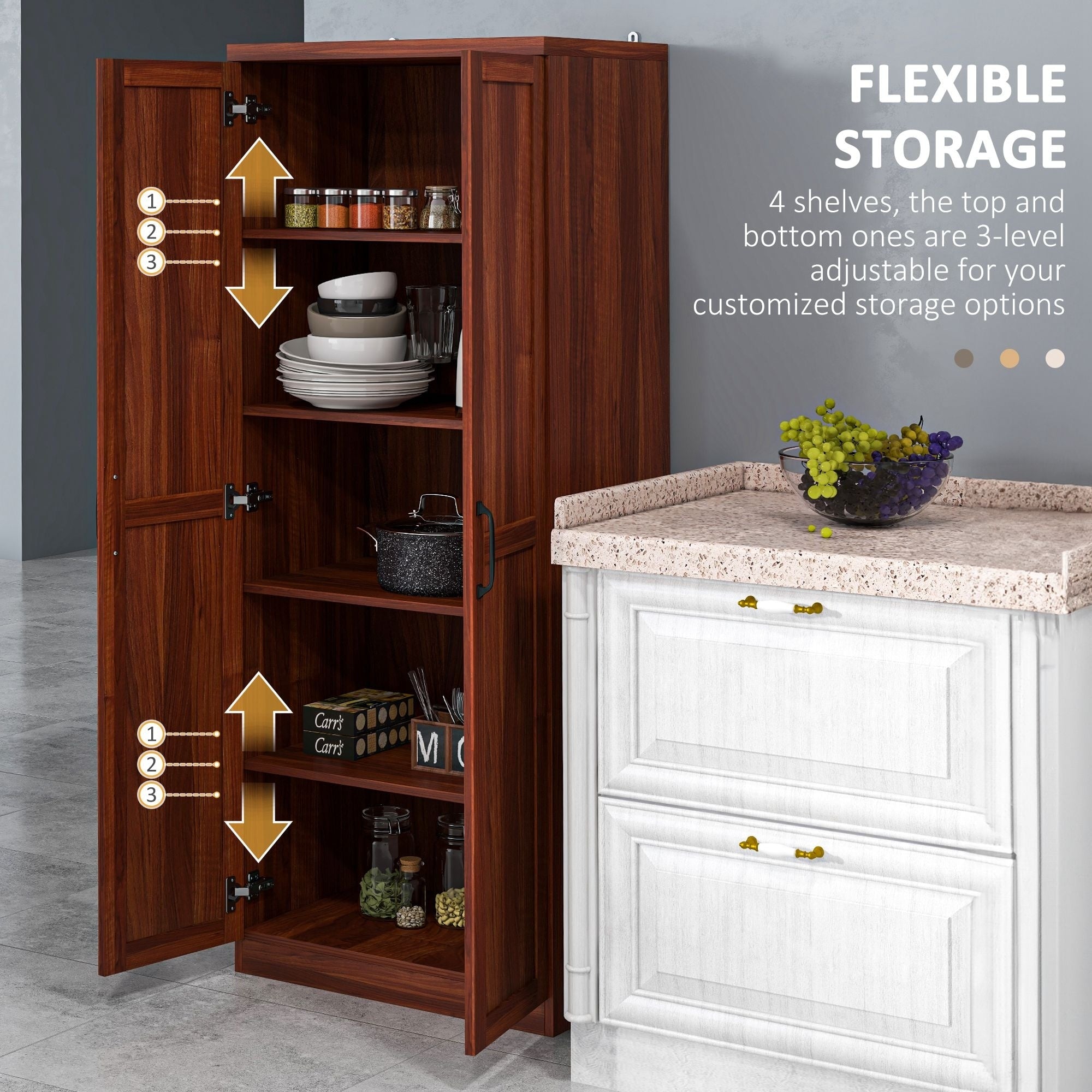 HOMCOM Garde-manger de cuisine 63 pouces à 2 portes, armoire de rangement autoportante avec 5 étagères et 2 étagères réglables pour salle à manger