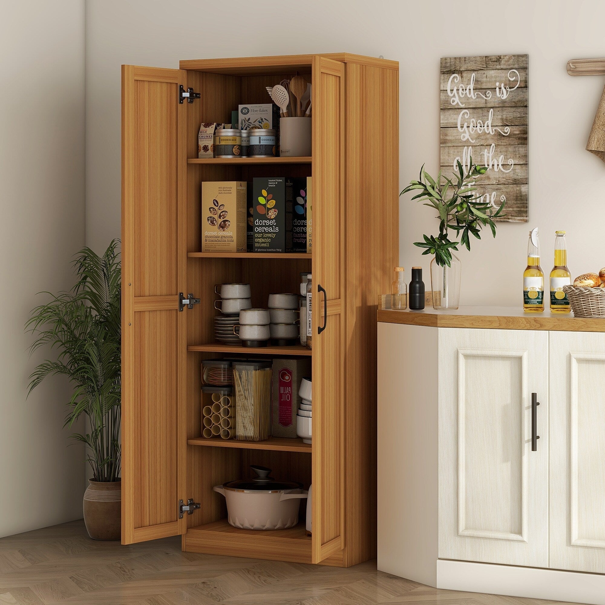 HOMCOM Garde-manger de cuisine 63 pouces à 2 portes, armoire de rangement autoportante avec 5 étagères et 2 étagères réglables pour salle à manger