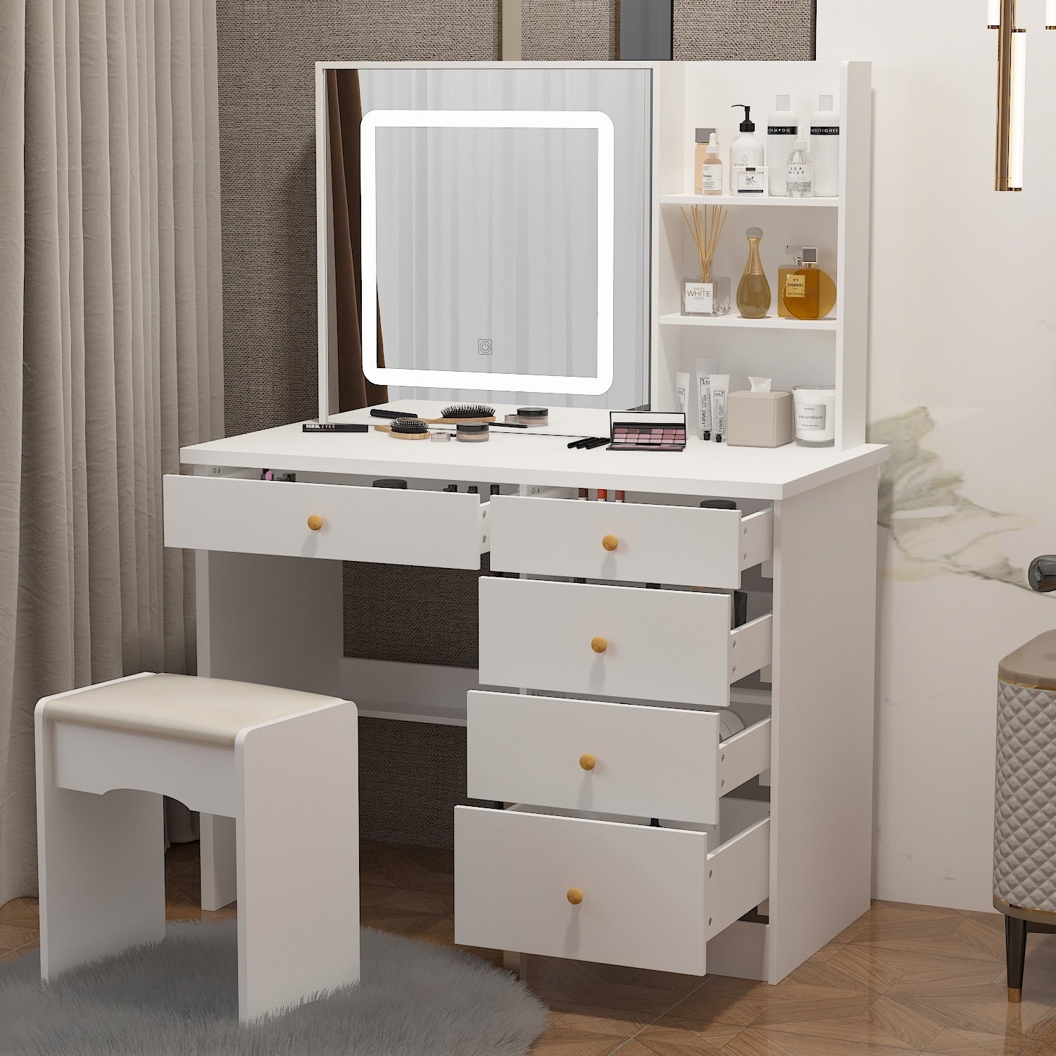 Coiffeuse Kerrogee avec miroir éclairé réglable et tabouret - 100L x 50l x 136H