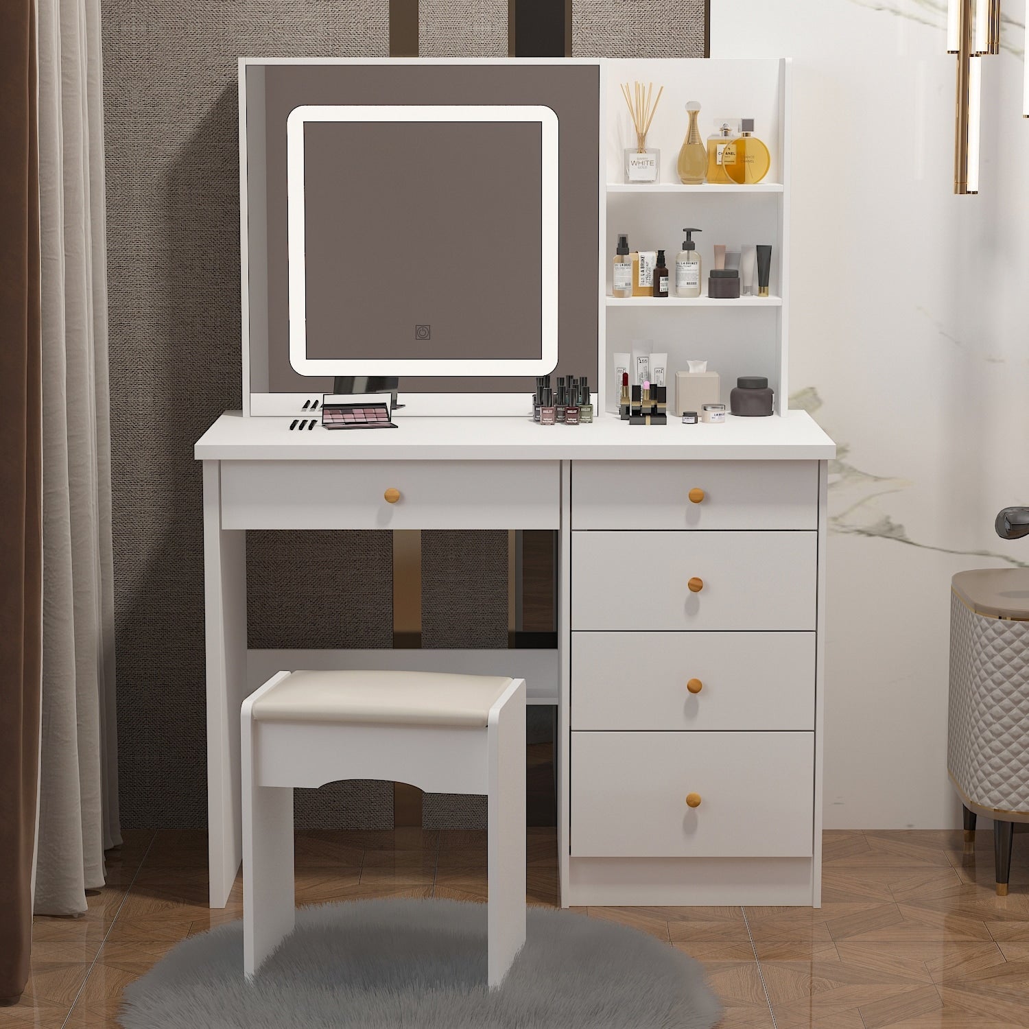 Coiffeuse Kerrogee avec miroir éclairé réglable et tabouret - 100L x 50l x 136H