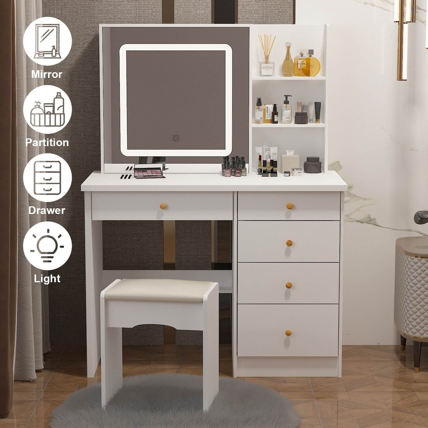 Coiffeuse Kerrogee avec miroir éclairé réglable et tabouret - 100L x 50l x 136H