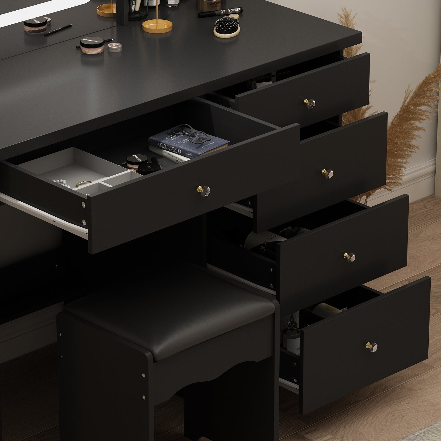 Coiffeuse Kerrogee avec miroir éclairé réglable et tabouret - 100L x 50l x 136H