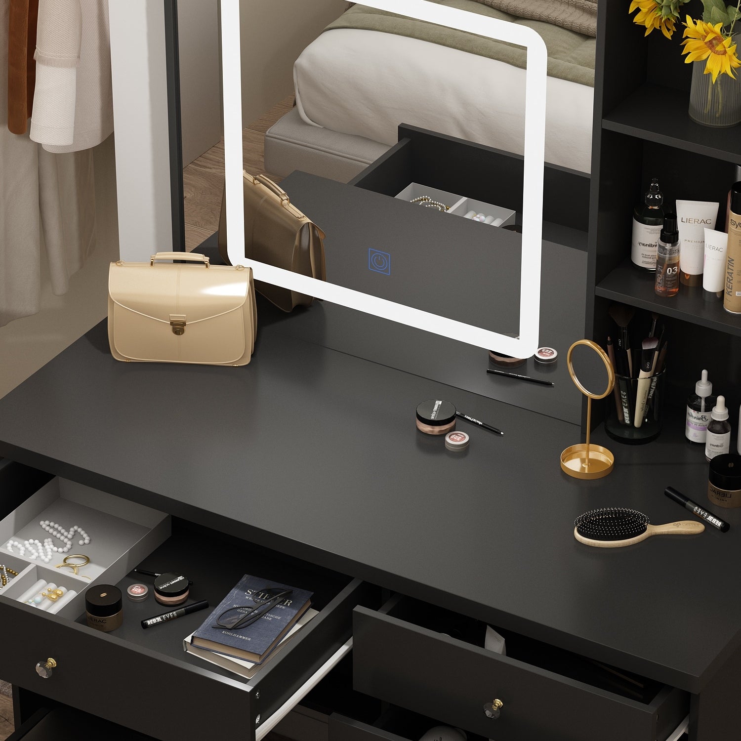 Coiffeuse Kerrogee avec miroir éclairé réglable et tabouret - 100L x 50l x 136H
