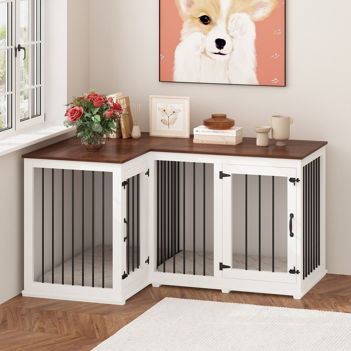 Grand meuble de caisse d'angle pour 2 chiens, cage pour chien en forme de L - 58,7X41,1
