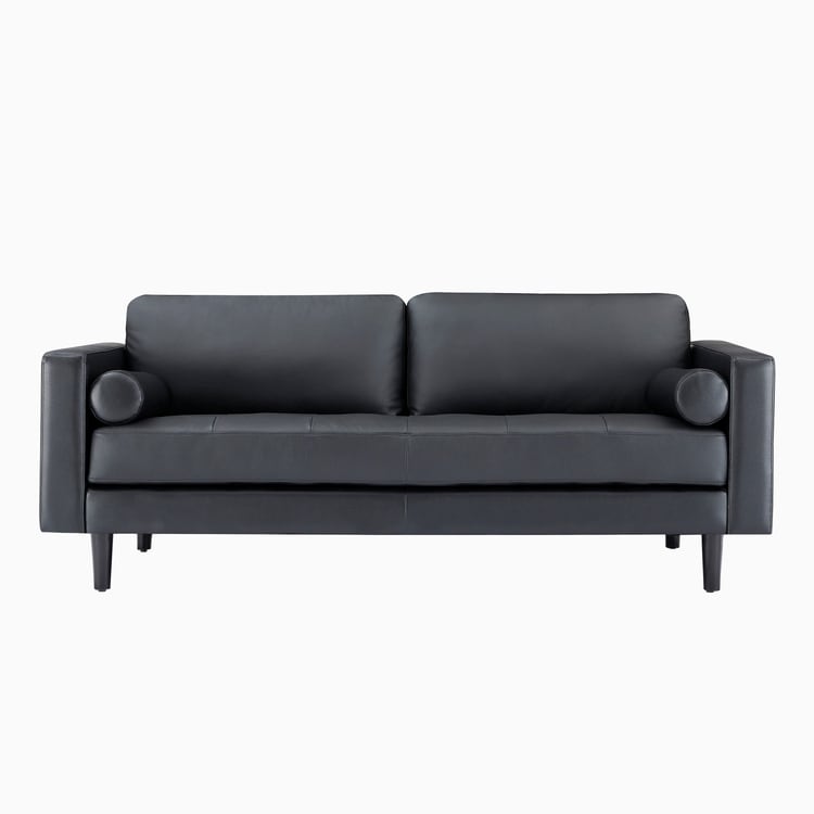 Canapé moderne en cuir véritable avec pieds en bois et coussin traversin supplémentaire