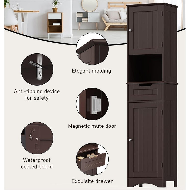 Meuble de rangement haut de salle de bain étroit de 170 cm, armoire autoportante en bois massif à 5 niveaux