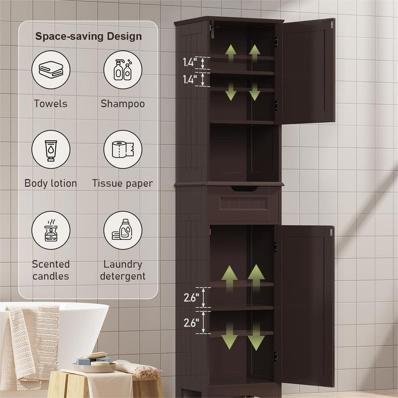 Meuble de rangement haut de salle de bain étroit de 170 cm, armoire autoportante en bois massif à 5 niveaux