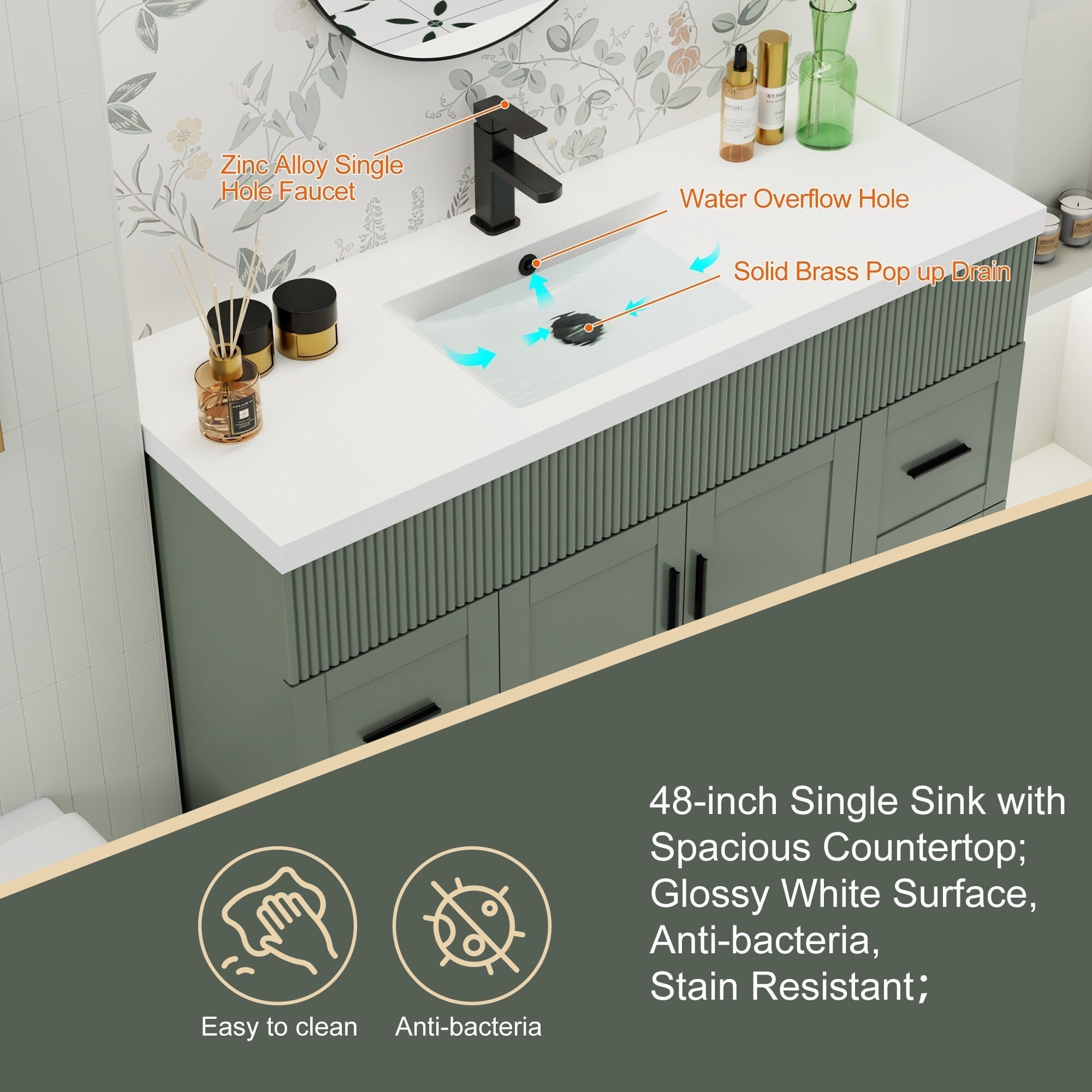 Meuble-lavabo de salle de bain Wavy Line 30/36/48 avec évier et robinet