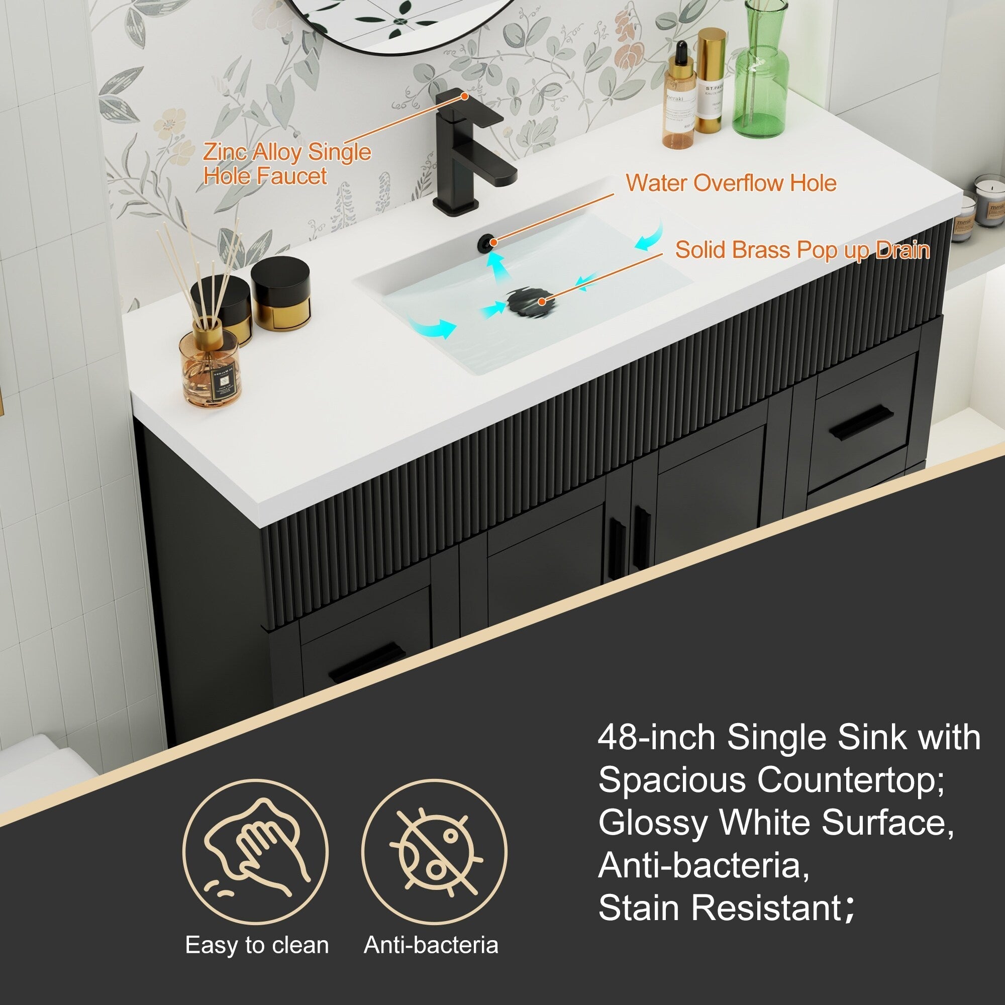 Meuble-lavabo de salle de bain Wavy Line 30/36/48 avec évier et robinet